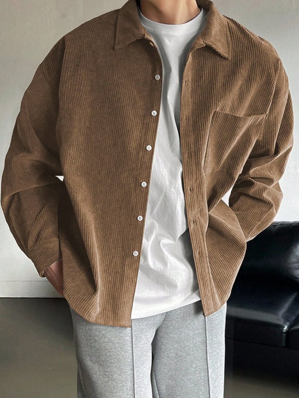 Khaki Boho Style Men's Corduroy Casual Shirt - Picture 2 of 5
